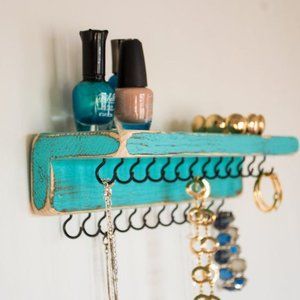 Jewelry Organizer, Farmhouse Decor, Teal, Rustic Necklace Holder, Wall Mount Nec